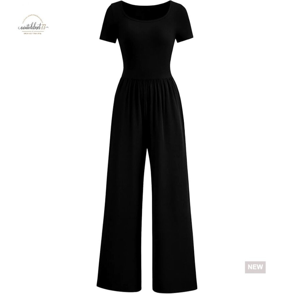 Large Ribbed Knit Jumpsuit Short Sleeve Square Neck Wide Leg Summer Travel